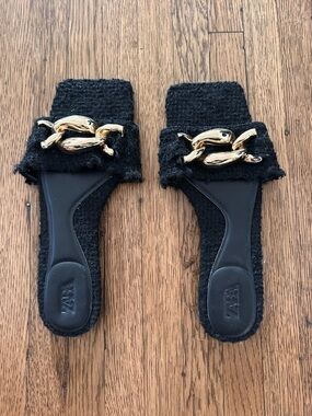 ZARA Black Tweed Slide Sandals with Gold Chain Accent